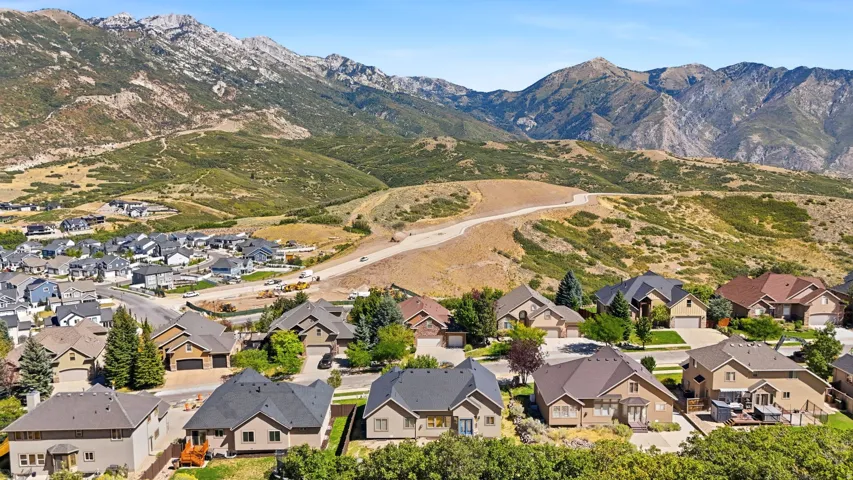 Residential neighborhood with varied architectural styles and a prominent mountain backdrop