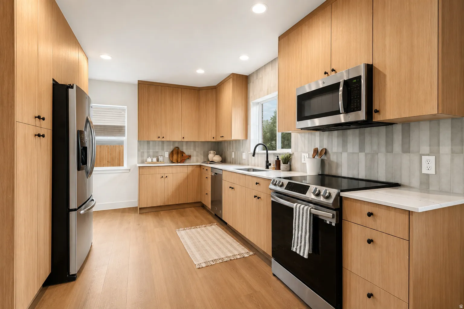 Wood-finish flooring, light wood cabinetry, stainless steel appliances, white countertops, and a gray tile backsplash