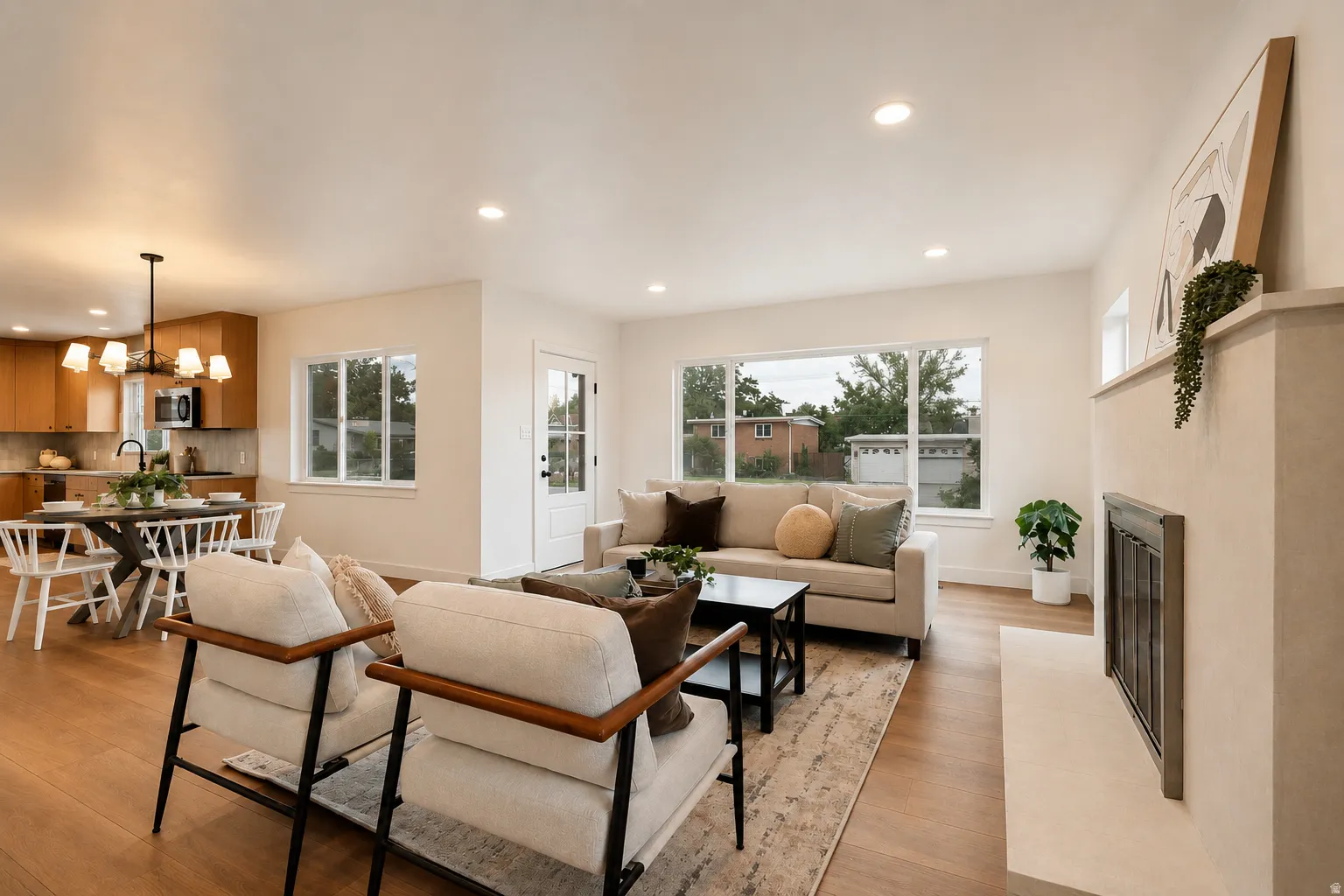 Open-concept living area featuring wood-finish flooring, recessed lighting, and a built-in fireplace