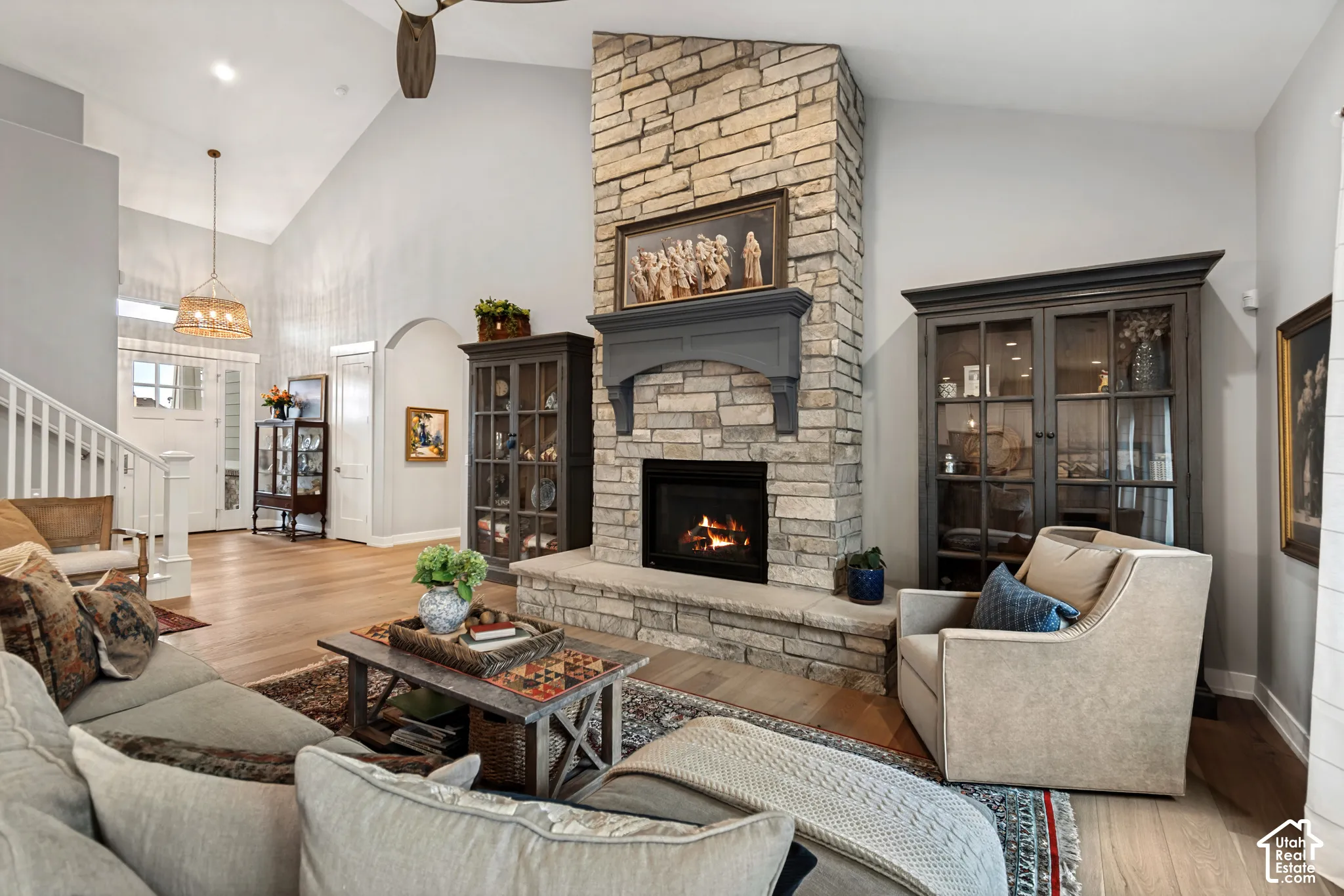 Great Room offers Vaulted ceilings & gas stone fireplace