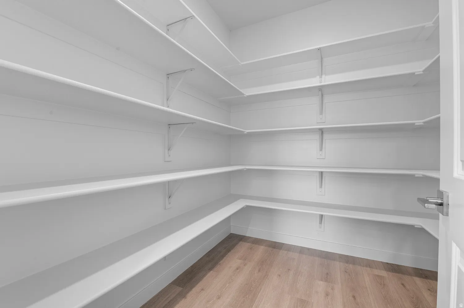 Walk-in pantry with extensive white shelving, wood-finish flooring, and a white door with a polished chrome handle