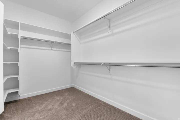 Built-in shelving, chrome hanging rods, and neutral carpeting