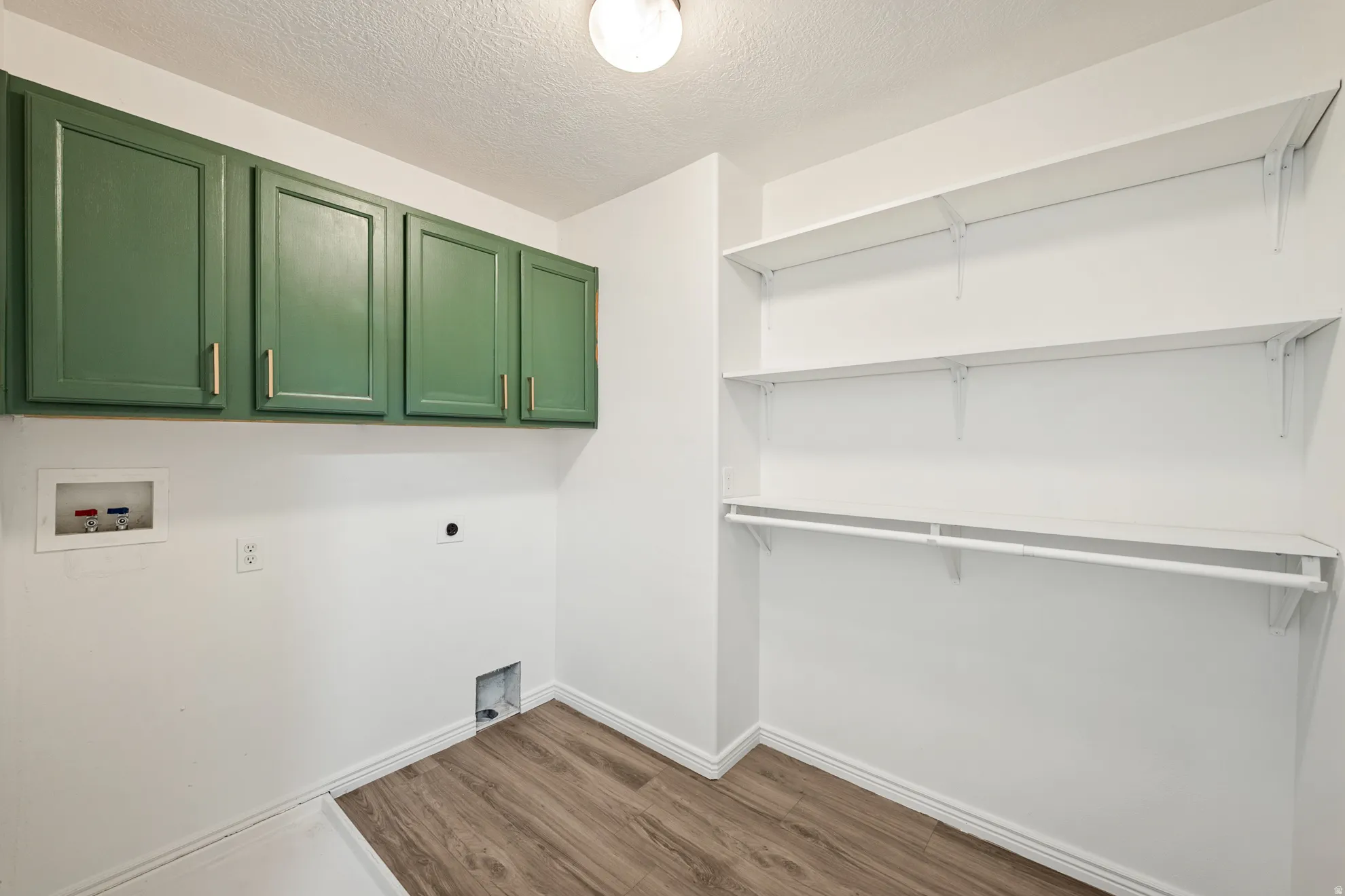 Green upper cabinetry with brass hardware, wood-finish flooring, white shelving, and a garment rod