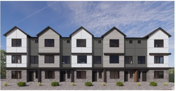 Modern architectural design featuring gabled roofs, horizontal siding, stone veneer accents, dark-framed windows, and private entryways