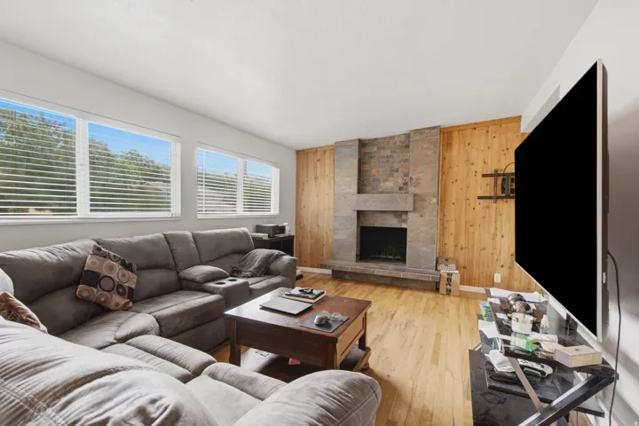Stone-clad fireplace feature wall, wood-finish flooring, wood-paneled accent wall, multiple windows with blinds, and a built-in wall-mounted television bracket
