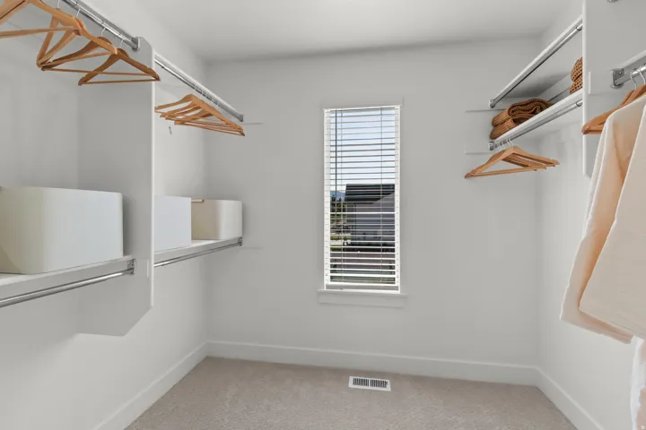Built-in closet shelving system, integrated hanging rods, and a window with horizontal blinds