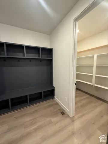 Custom built-in charcoal cabinetry featuring integrated hooks and lower cubby storage, wood-finish flooring, and a walk-in storage area with tiered shelving