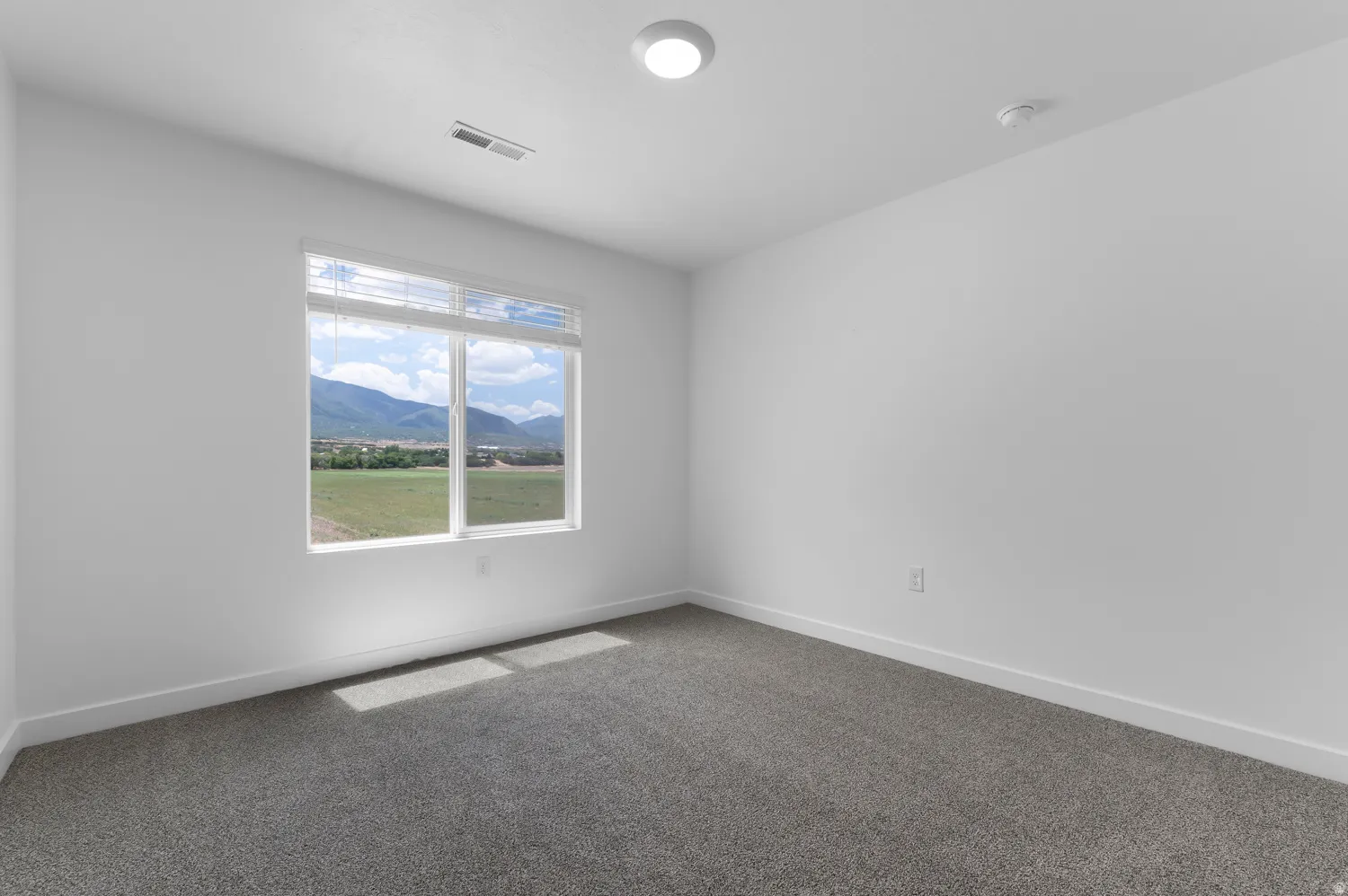 Recessed ceiling lighting, white painted walls, gray carpeting, and a window with mountain scenery