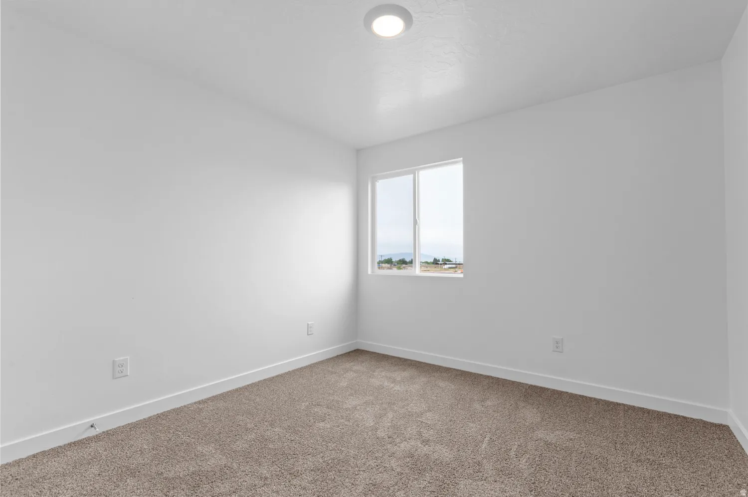 Neutral wall color, carpeted flooring, window with natural illumination, recessed ceiling light