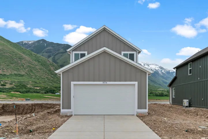Contemporary facade with vertical siding, pitched roofline, and an attached two-car garage