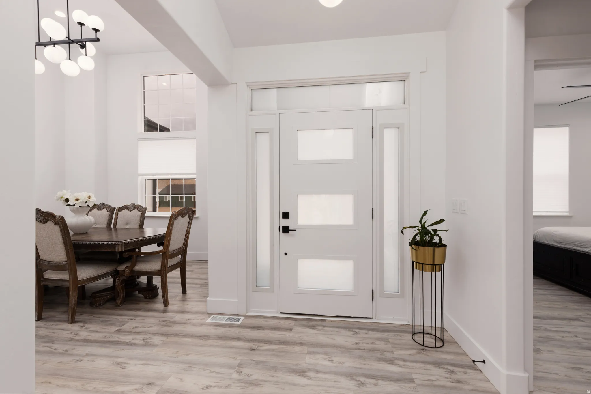 Entryway featuring a contemporary door with frosted glass panels, wood-finish flooring, and a sidelight