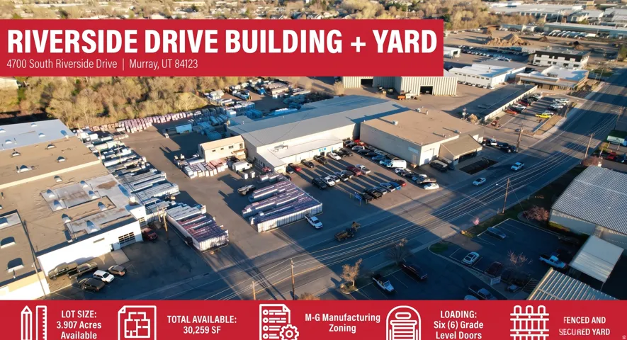 Real Estate Listing Advertisement. Providing an aerial perspective of the industrial property located at 4700 South Riverside Drive, Murray, UT 84123, with key property specifications listed below the image