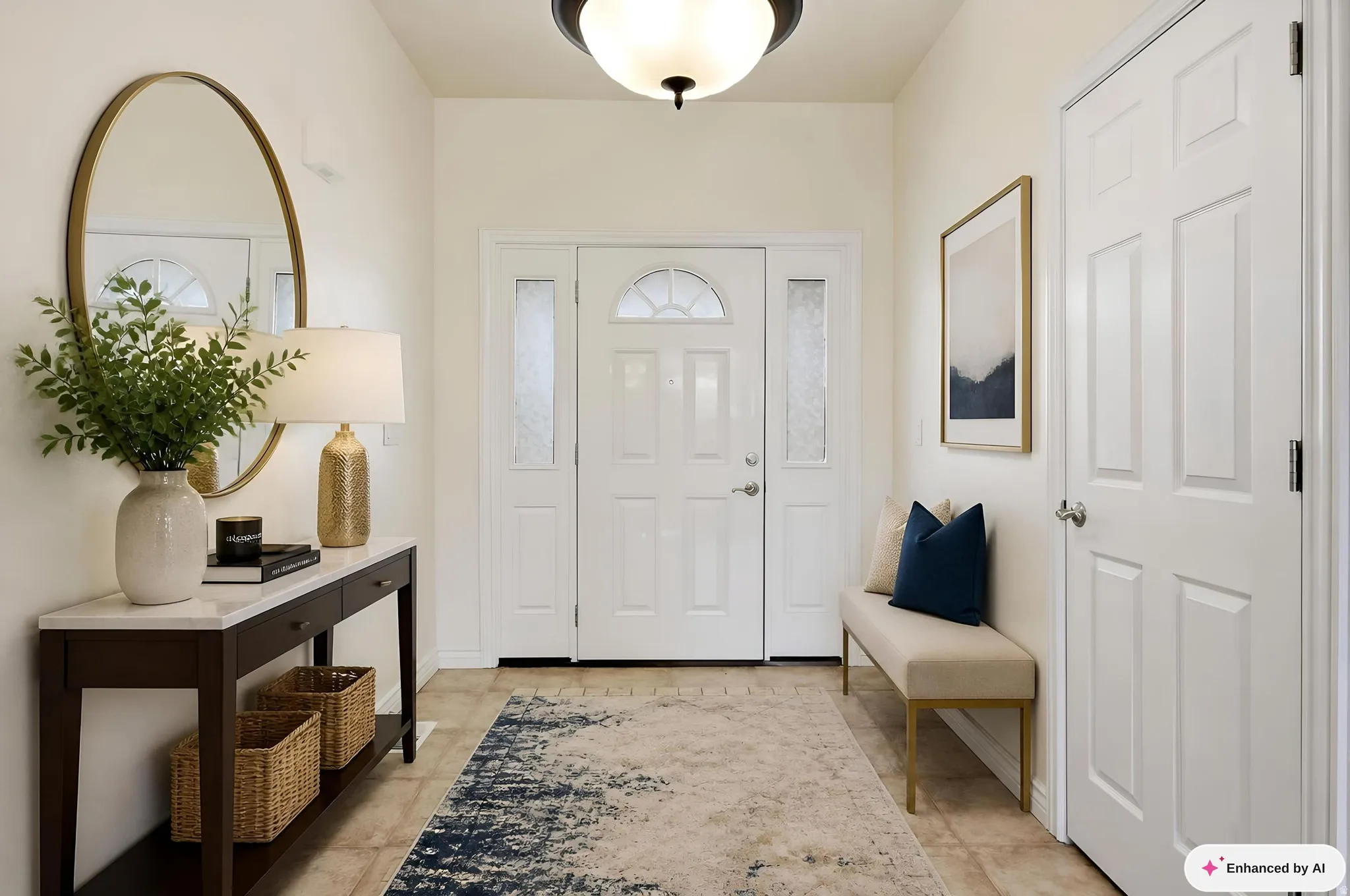 Entryway featuring a white paneled door with a half-moon glass insert, side light panels, and ceramic tile flooring
