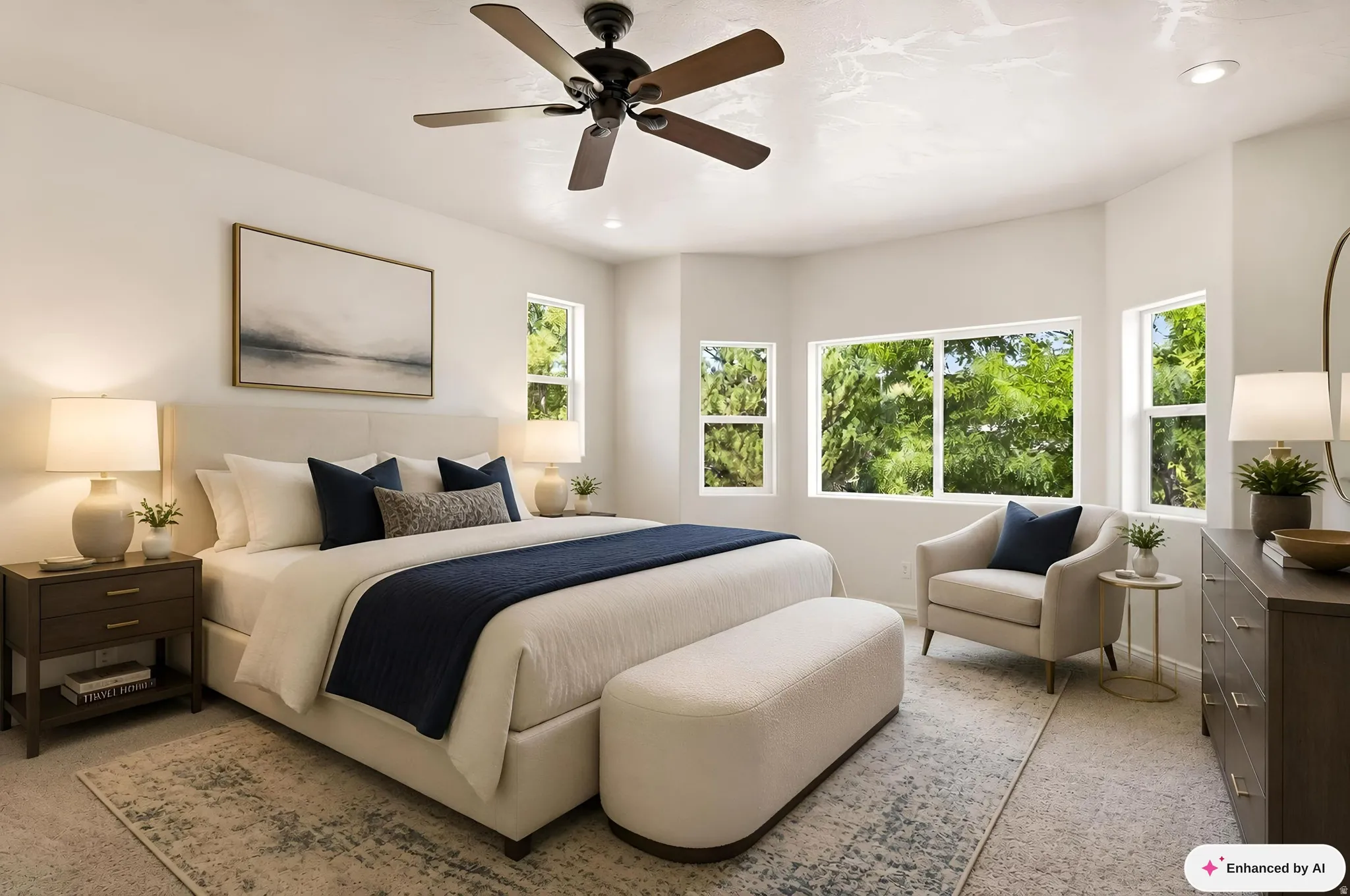 Recessed lighting, ceiling fan, multiple windows, and light-toned walls