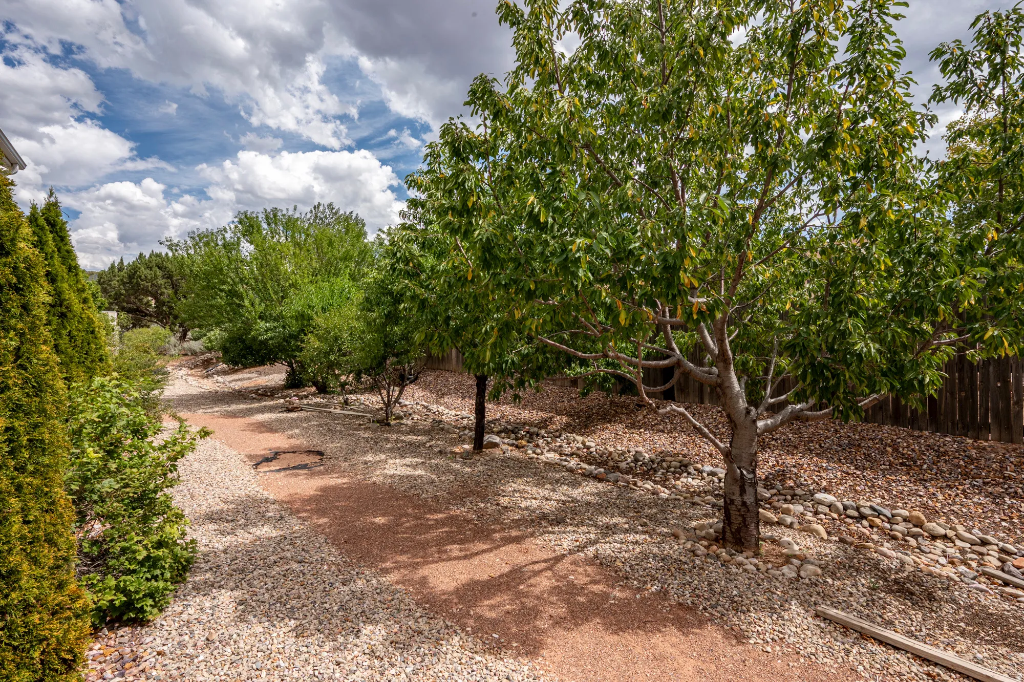 Landscaped backyard featuring gravel ground cover, mature trees, and a defined pathway