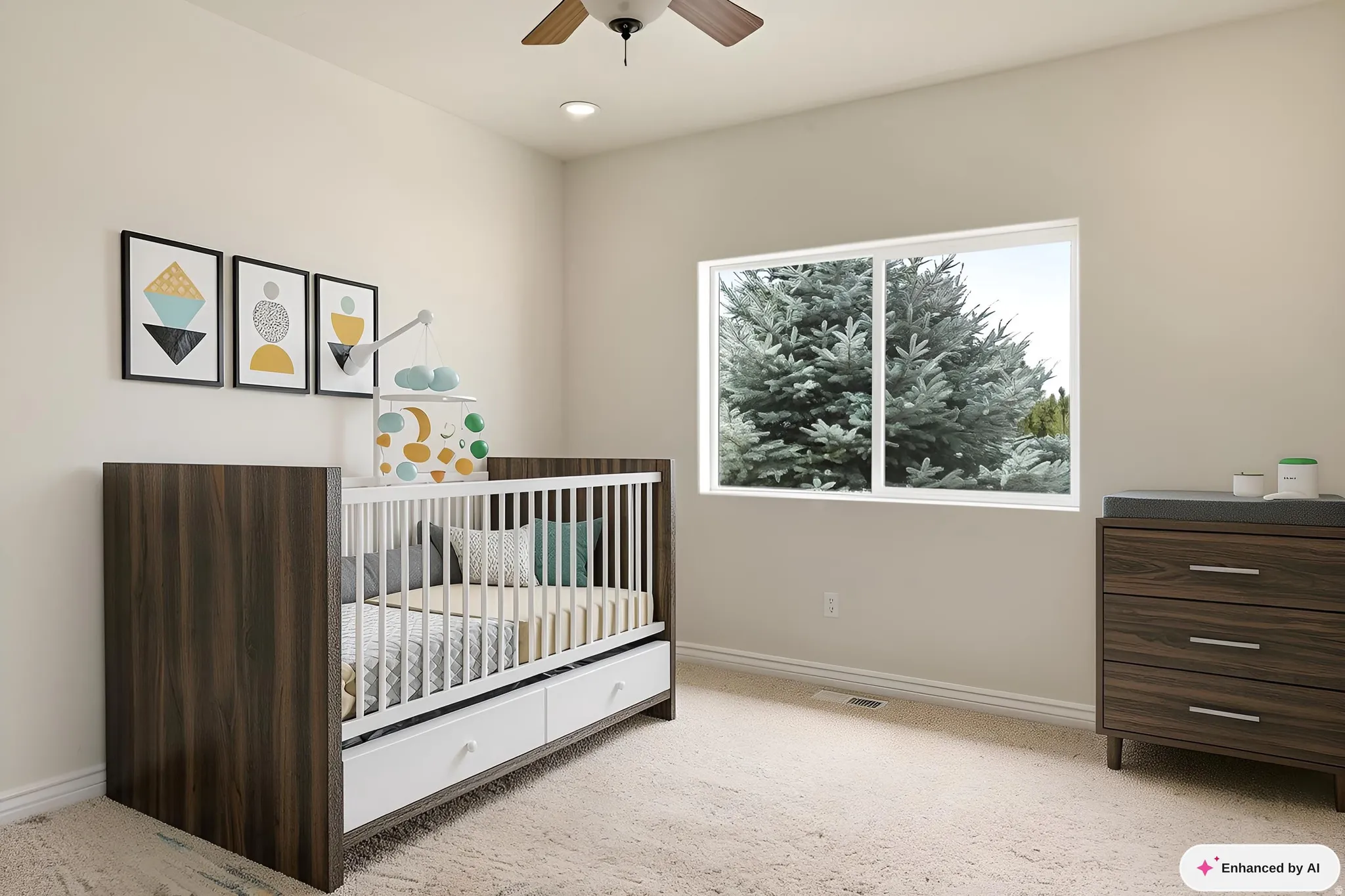 Recessed ceiling light, ceiling fan with wood-finish blades, large window with white frame, and wall-to-wall carpeting