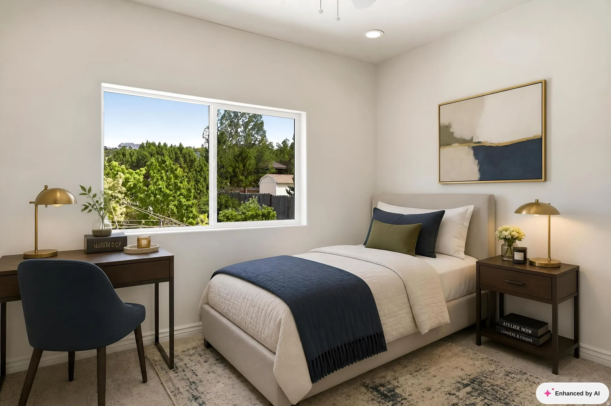 Recessed lighting, a large window, and light-toned wall finishes