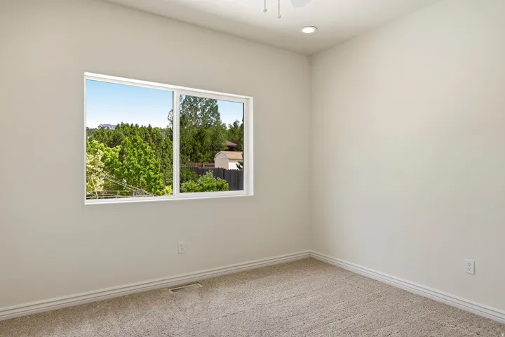 Neutral wall paint, plush carpeting, a large window, and recessed lighting