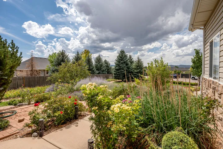 Landscaped garden featuring varied plantings, concrete walkway, and brick-laid path