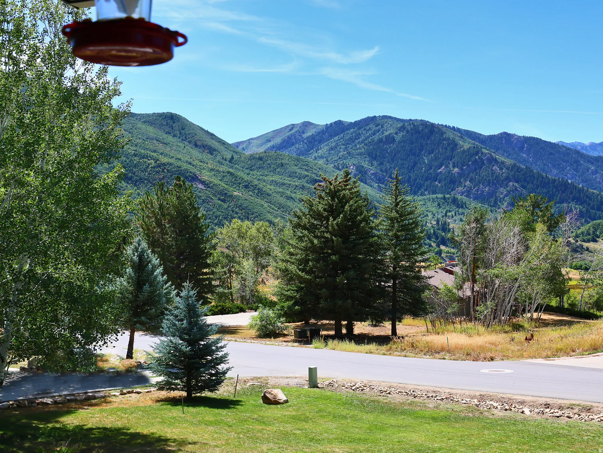 Mountain backdrop, lush tree coverage, paved road, green lawn, natural rock elements