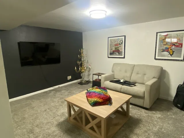 Carpeted room featuring a ceiling-mounted light fixture and a two-tone wall treatment