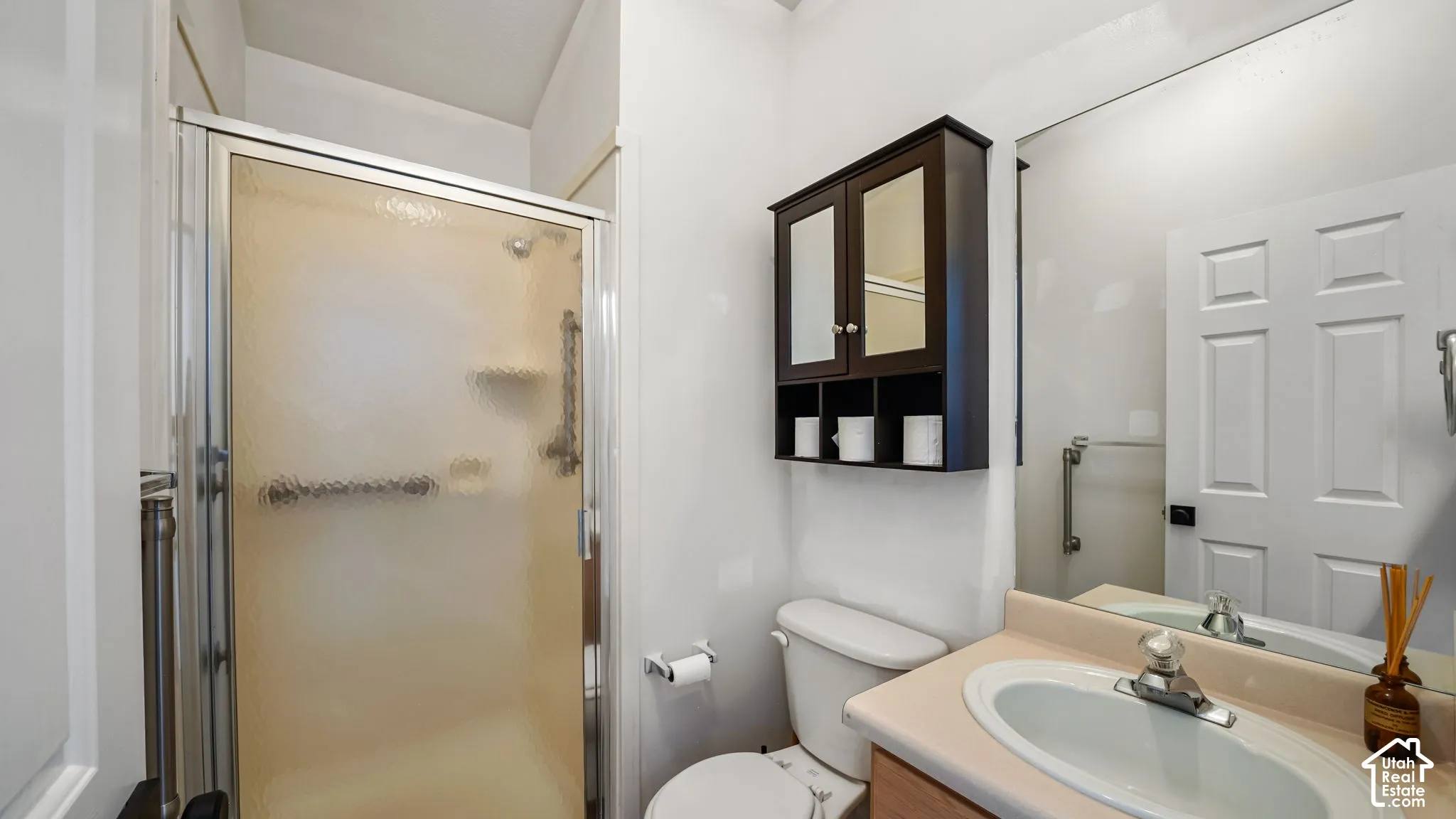 Enclosed shower stall with a frosted glass door, single vanity with an oval sink, wall-mounted mirror, and a dark wood-finish medicine cabinet