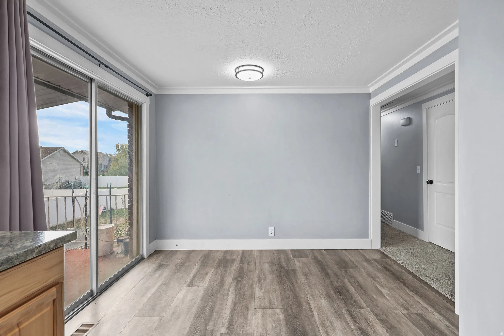 Wood-finish flooring, sliding glass door, crown molding, flush mount ceiling light, and a granite-look countertop