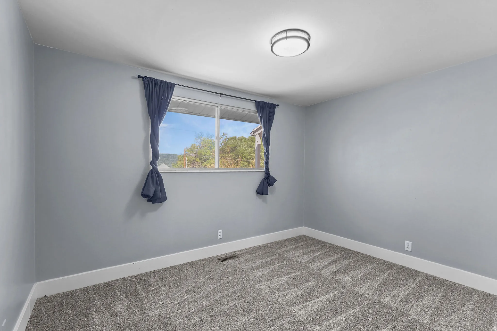 Textured gray carpeting, light gray wall finishes, white trim, and a flush mount ceiling light fixture