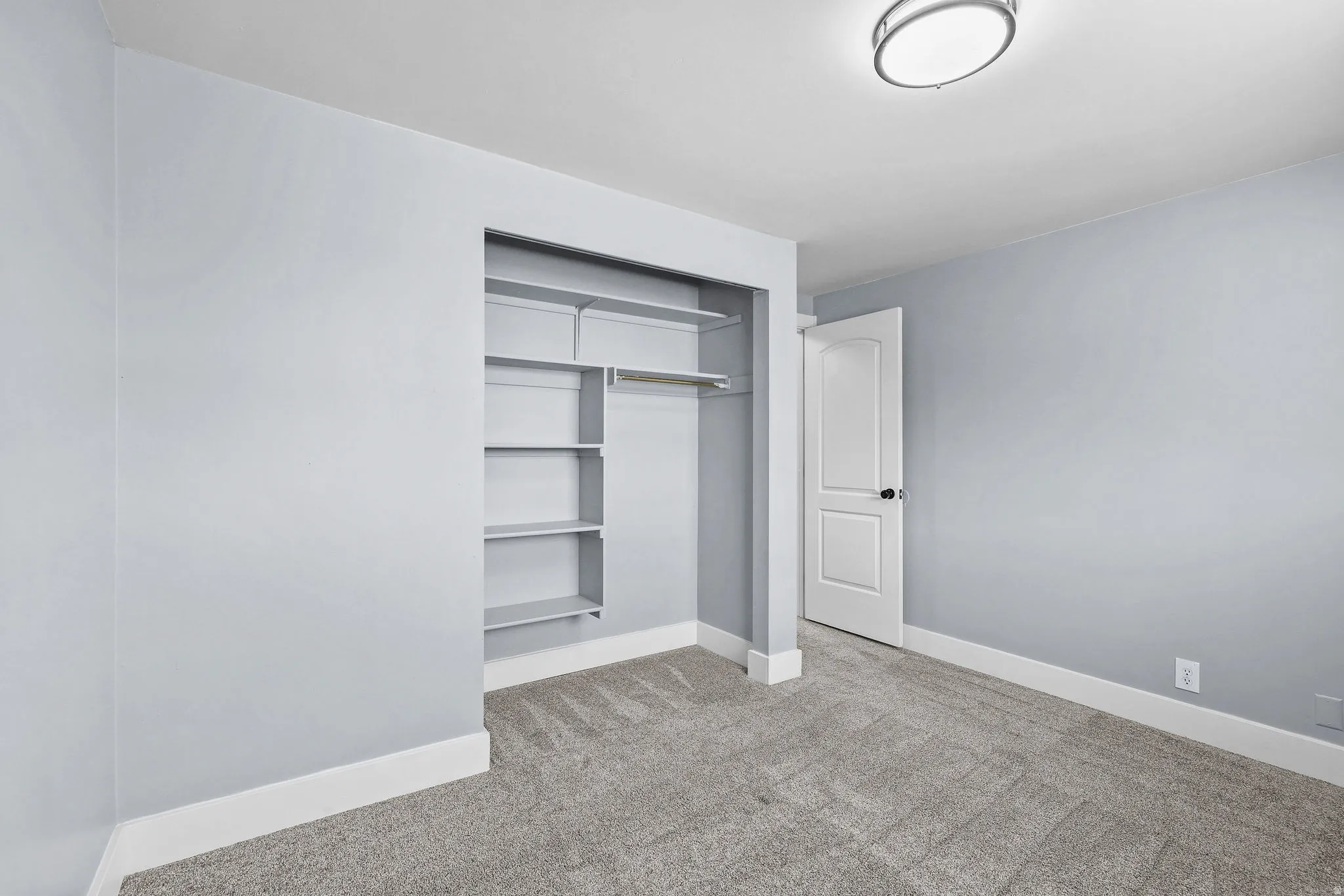 Neutral gray wall color, gray carpet, white trim, white paneled door, and a flush-mount ceiling light fixture