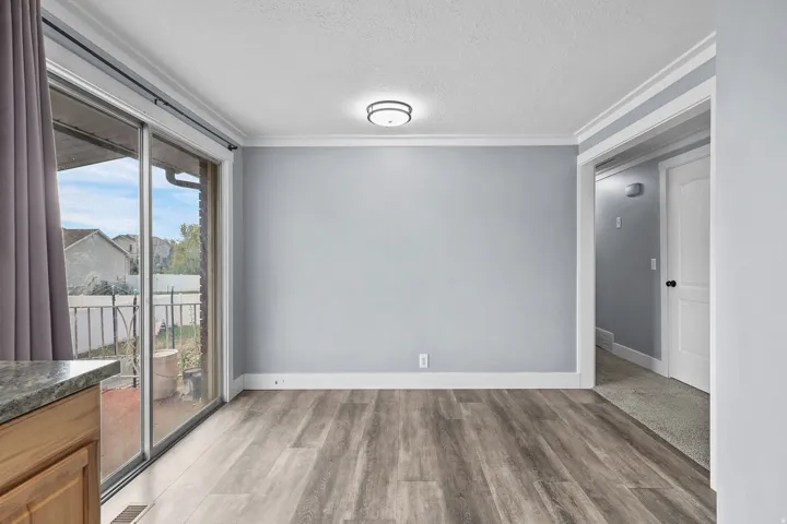 Wood-finish flooring, sliding glass door, crown molding, flush mount ceiling light, and a granite-look countertop