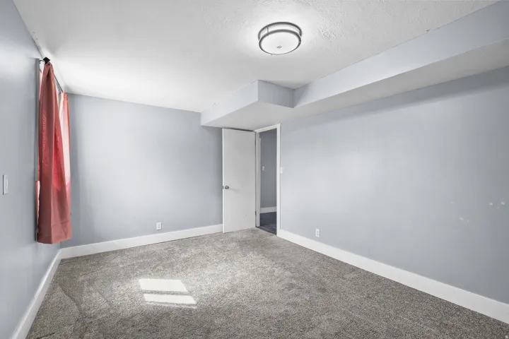Gray wall-to-wall carpeting, light gray wall paint, and overhead flush-mount lighting