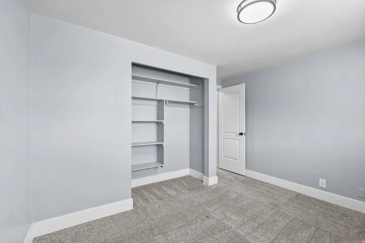 Neutral gray wall color, gray carpet, white trim, white paneled door, and a flush-mount ceiling light fixture