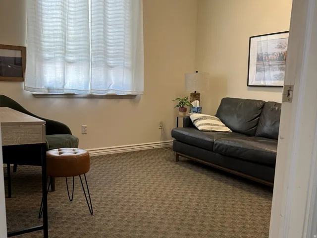 Textured carpet flooring, window with sheer white blinds, neutral wall paint, and white trim