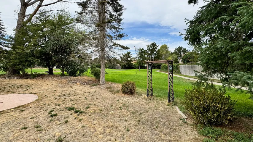Expansive green space with mature trees, a decorative metal archway, and a concrete pathway