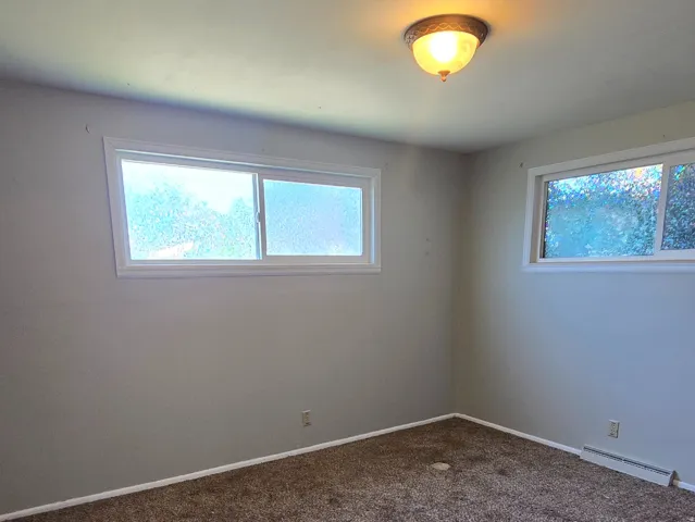 Bedroom #3 Carpeted interior space with two windows and a ceiling-mounted light fixture