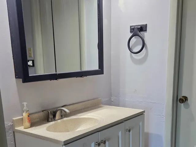 Primary Bathroom vanity with integrated sink, dual-door medicine cabinet, recessed ceiling light, and wall-mounted towel ring