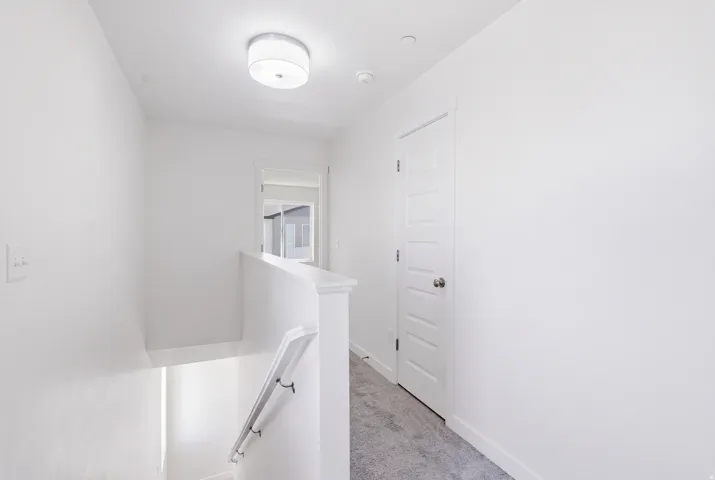 Carpeted hallway with a white panel door, white walls, and a contemporary ceiling light fixture