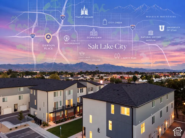 Multi-story townhome exterior featuring contemporary siding, asphalt shingle roofing, private balconies, attached garages, and a backdrop of the Wasatch Mountains