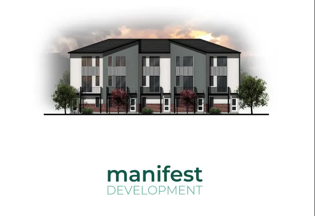 Developer Logo and Property Rendering. Illustrating the property's exterior design and branding elements