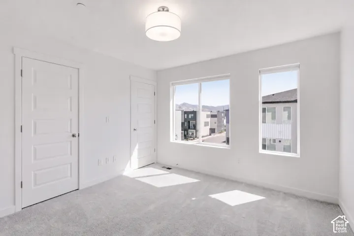 Spacious room with plush gray carpeting, white trim, and two paneled doors