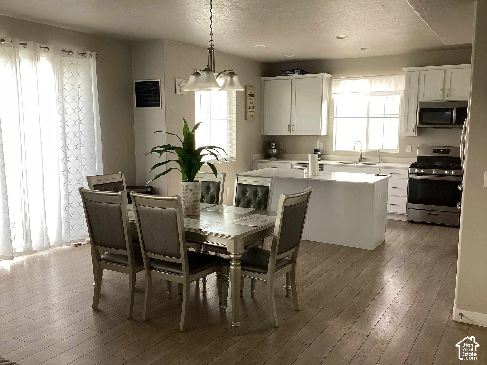 Open concept kitchen and dining area featuring light wood-finish flooring, white cabinetry, a kitchen island, and stainless steel appliances