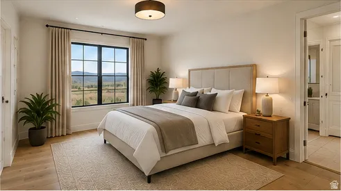 Hardwood-style flooring, large gridded window, neutral wall tones, and recessed lighting