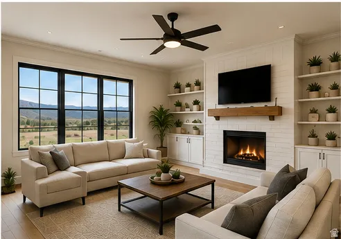 Wide plank wood-finish flooring, a contemporary ceiling fan, and recessed lighting