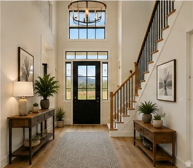 Two-story entryway with a black multi-pane front door, side lights, and transom windows