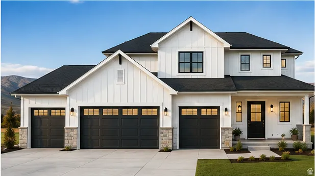 Modern farmhouse exterior featuring dark gabled roofing, white board and batten siding, multiple black garage doors, and stone column accents