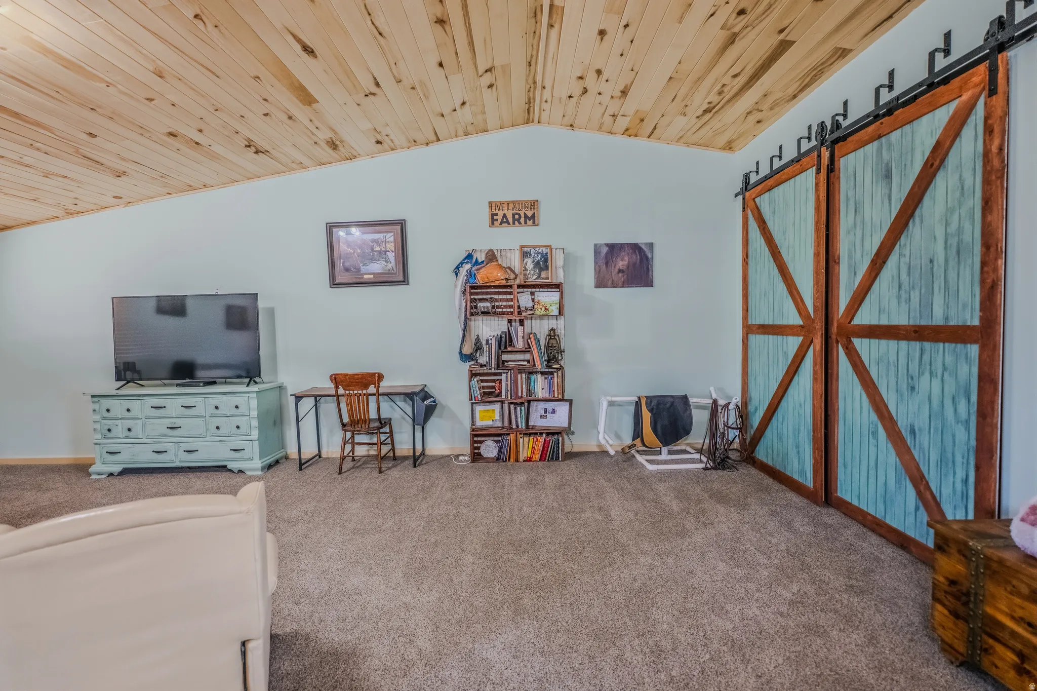 Vaulted wood-paneled ceiling, light blue wall paint, gray carpet flooring, and double barn doors with black hardware