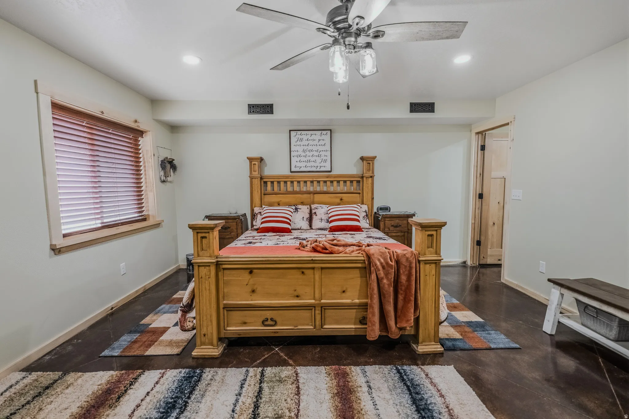 Recessed lighting, wood-finish flooring, and a ceiling fan with light fixture