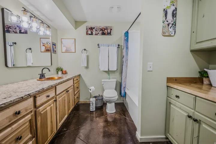 Extended vanity with natural wood-finish cabinetry, a copper basin sink, and a black-finish faucet