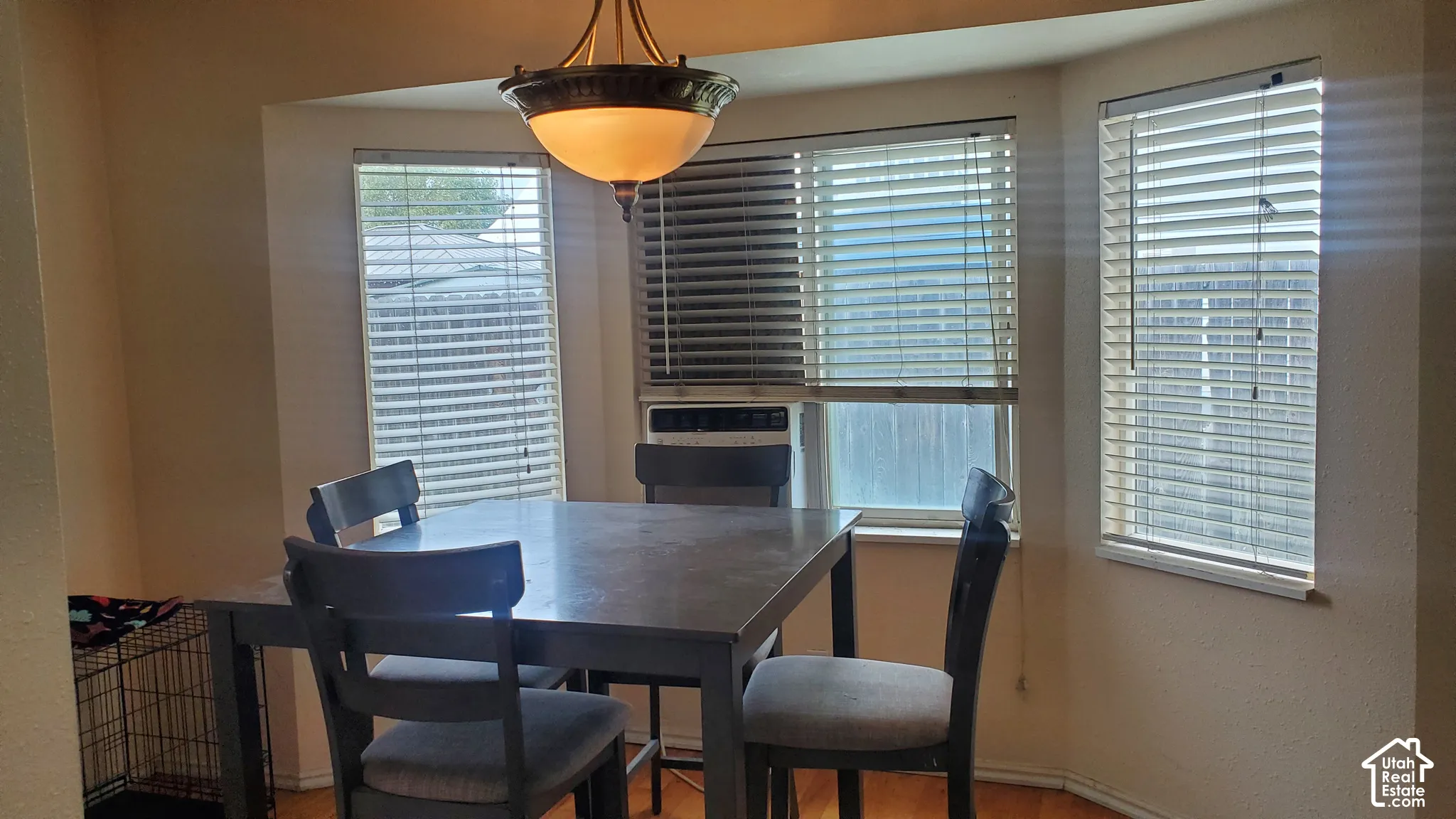 Bay window with Venetian blinds, wood-finish flooring, and a ceiling-mounted light fixture
