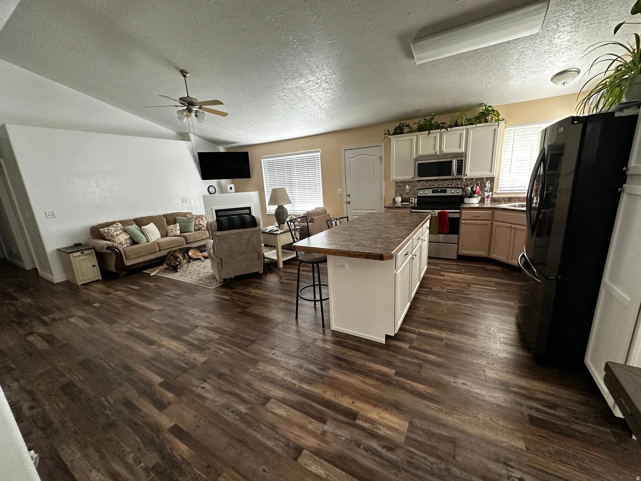 Vaulted ceiling, wood-finish flooring, kitchen island with seating, stainless steel appliances, and a built-in fireplace